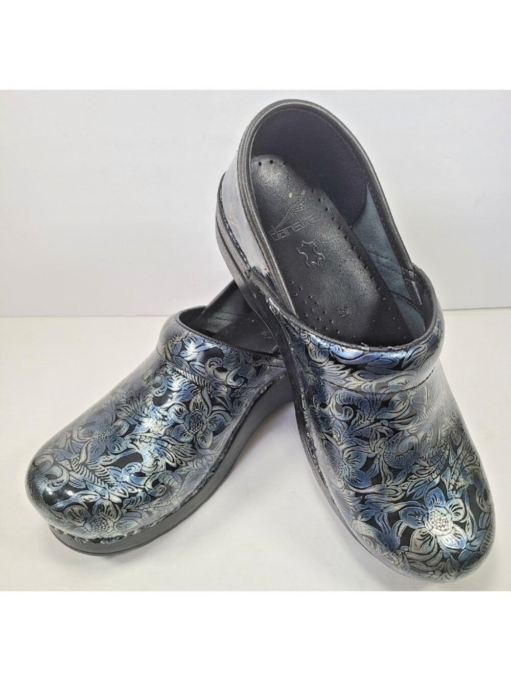 DANSKO Professional  Leather Clogs Size 39 8.5-9 US Blue Black Floral Paisley